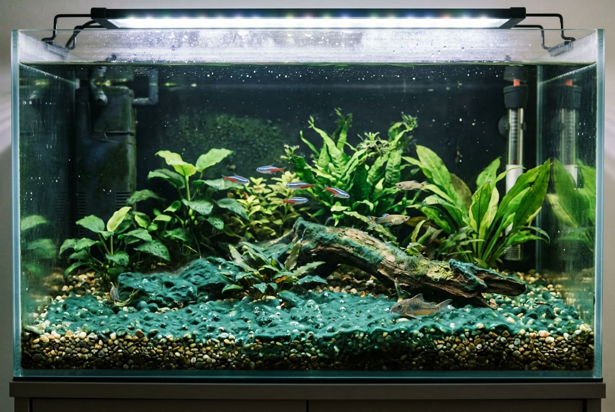 Blue-green algae: a slimy cyanobacteria sheet over the substrate