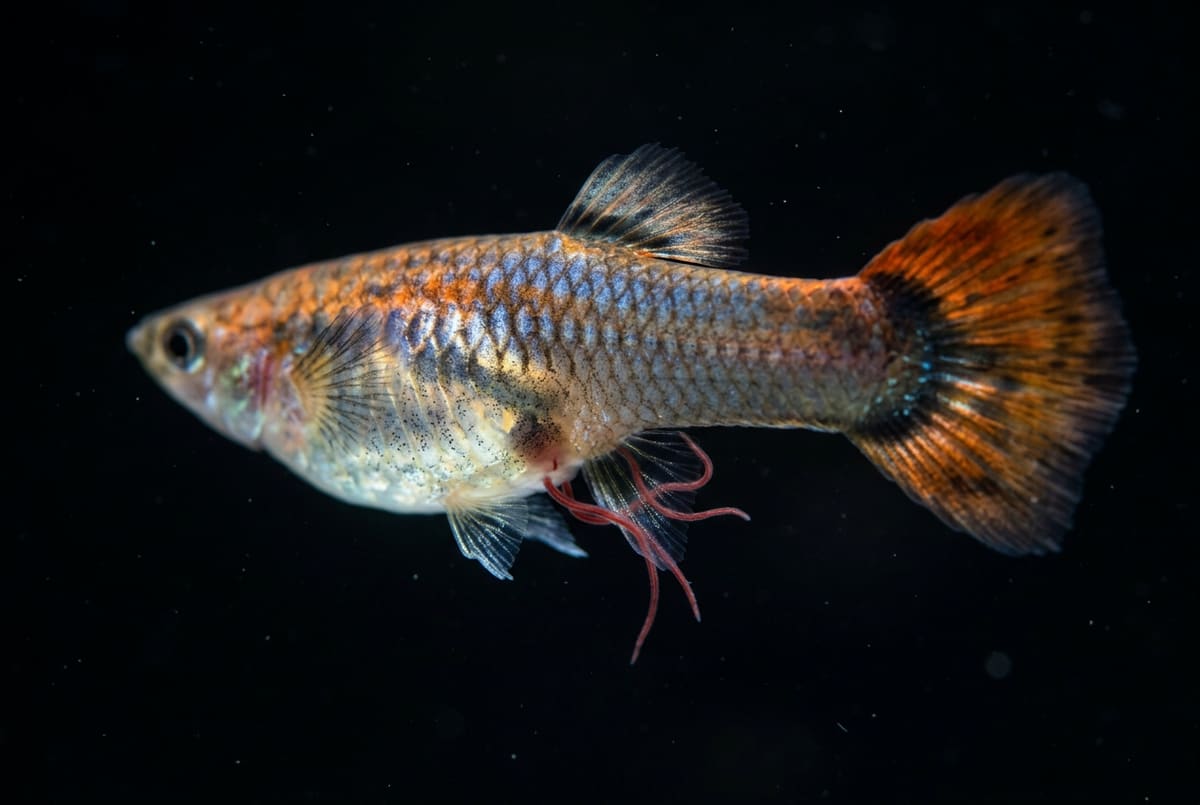 Camallanus worms: fine red threads protruding from the vent