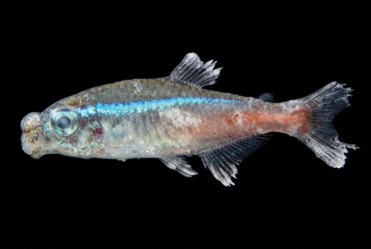 Neon tetra disease: a tetra with faded colour and a pale patch along the spine